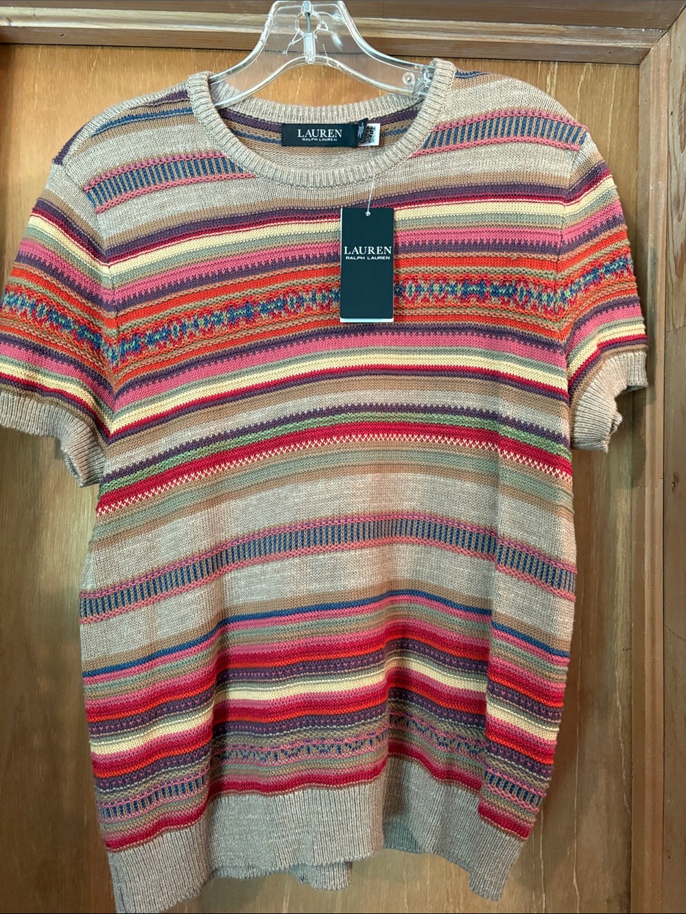 Lauren Ralph Lauren Beige Multicolor Striped Short Sleeve Knit